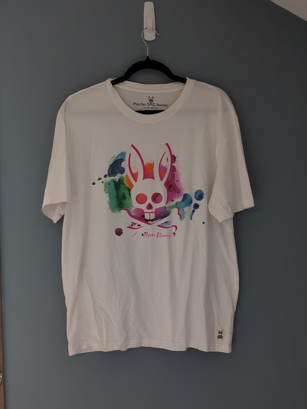 Psycho Bunny White Short-Sleeve Tee with Multicolor Watercolor Skull Bunny